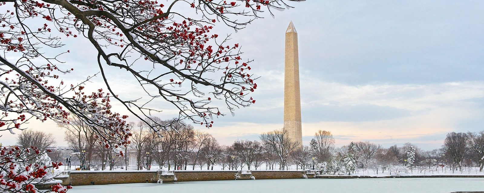 Washington Monument and Tidal Basin in winter snow
